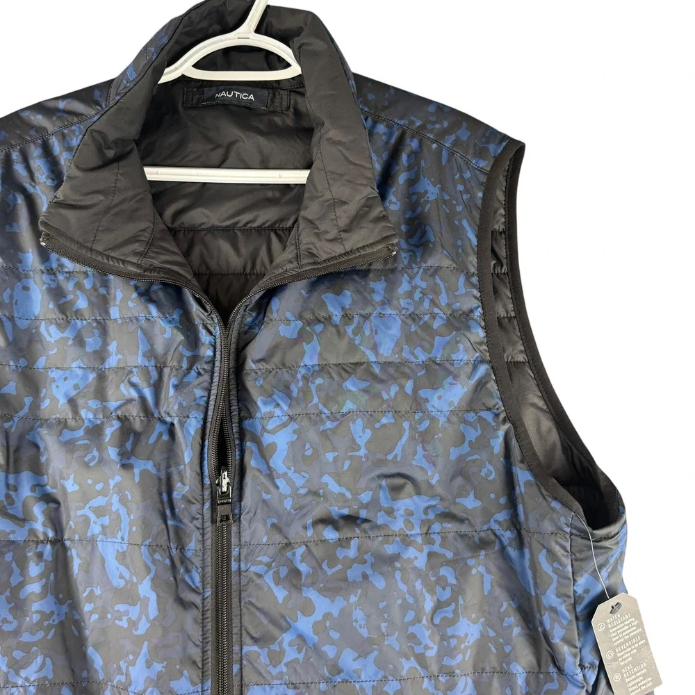 Nautica Reversible Puffer Vest Mens Camo Blue Black Water Resistant Quilted NEW